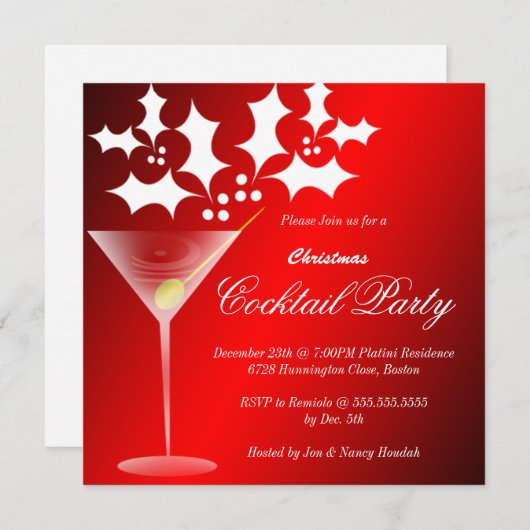 ワイングラスのヒイラギのクリスマスのパーティの招待状 招待状 (正面/裏面)