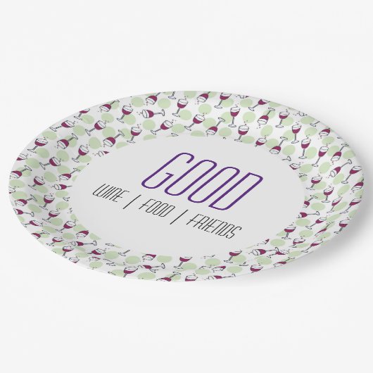 ワイングラスのメルロバブルイラストレーションパターン ペーパープレート (アングル)