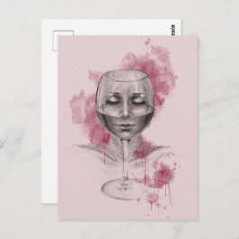 ワイングラスの女性顔シュールスケッチアート ポストカード