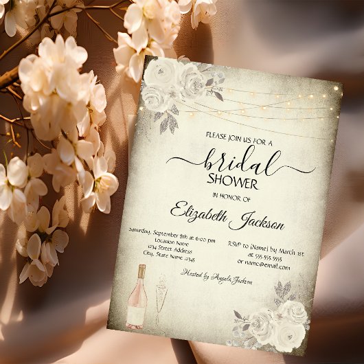 ワイングラスの紐ライトバラのブライダルシャワー 招待状
