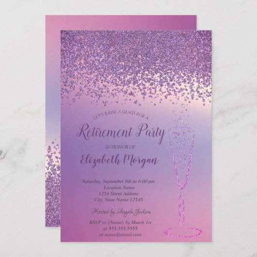 ワイングラスエレガントパープルダイヤモンドリタイア 招待状 (正面/裏面)