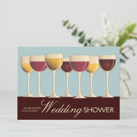 ワイングラスセレクションカップルズウェディングシャワーインティール（緑がかった色） 招待状 (スタンド正面)