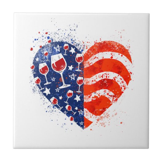 ワイングラスハート7月4日アメリカ愛国者 タイル (正面)