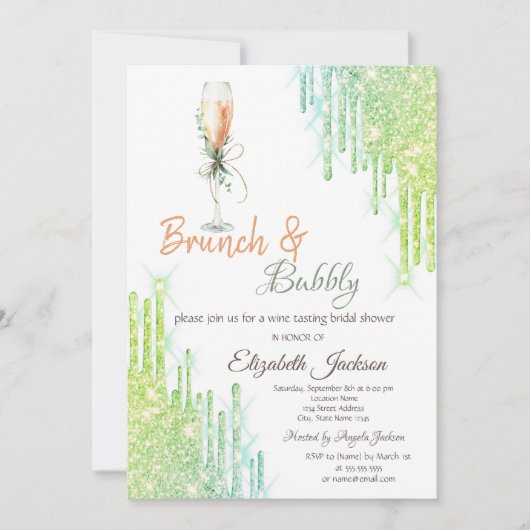 ワイングラスボトルグリーンドリップスブランチ&バブリー 招待状 (正面)