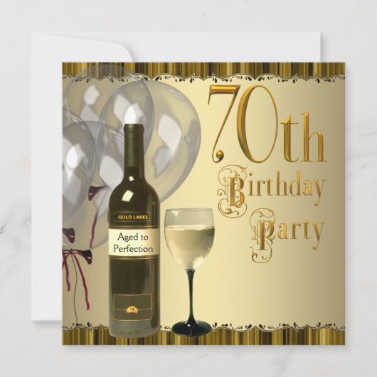 ワイングラスボトルゴールド70歳の誕生日パーティー 招待状 (正面)