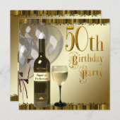 ワイングラスボトルブラック金ゴールド50th誕生日パーティー 招待状 (正面/裏面)