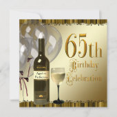 ワイングラスボトルブラック金ゴールド65th誕生日パーティー 招待状 (正面)