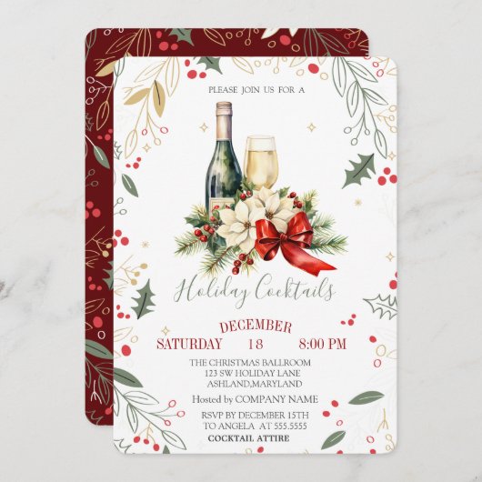 ワイングラスボトルポインセティアボーカンパニークリスマス 招待状 (正面/裏面)