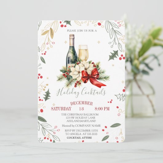 ワイングラスボトルポインセティアボーカンパニークリスマス 招待状 (スタンド正面)