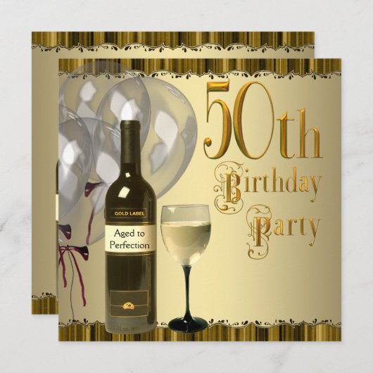 ワイングラスボトル金ゴールド50th誕生日パーティー 招待状 (正面/裏面)