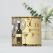 ワイングラスボトル金ゴールド50th誕生日パーティー 招待状 (スタンド正面)