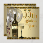 ワイングラスボトル金ゴールド55th誕生日パーティー 招待状 (正面/裏面)
