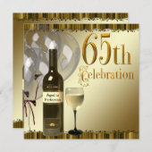 ワイングラスボトル金ゴールド65th誕生日パーティー 招待状 (正面/裏面)