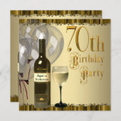 ワイングラスボトル金ゴールド70th誕生日パーティー 招待状 (正面/裏面)