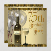 ワイングラスボトル金ゴールド75thバースデーパーティー 招待状 (正面/裏面)