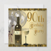 ワイングラスボトル金ゴールド90th誕生日パーティー 招待状 (正面)