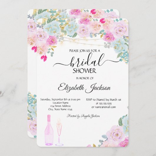 ワイングラスライトシックバラブライダルシャワー 招待状 (正面/裏面)