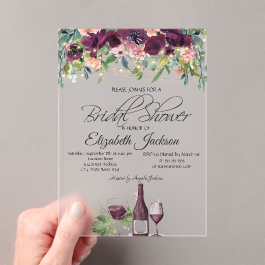 ワイングラスライトブルゴーニュバラブライダルシャワー アクリル招待状 (インサイチュ (ポータブル))