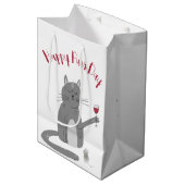 ワイングラス付き猫誕生日 ミディアムペーパーバッグ (正面アングル)