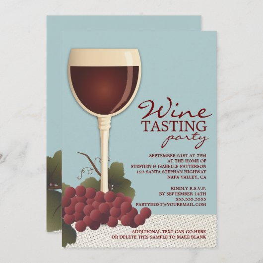 ワイングラス及びブドウのワインの試飲のパーティの招待状 招待状 (正面/裏面)