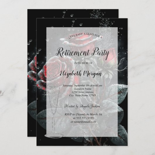 ワイングラス暗いバラが引退をドロップ 招待状 (正面/裏面)