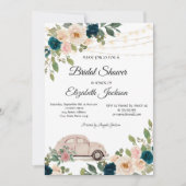 ワイングラス照明ブルーバラ、車のブライダルシャワー 招待状 (正面)