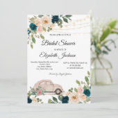 ワイングラス照明ブルーバラ、車のブライダルシャワー 招待状 (スタンド正面)