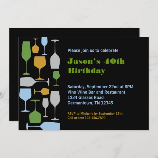 ワイングラス誕生日パーティーの招待 招待状 (正面/裏面)