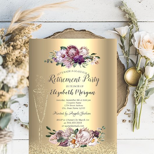 ワイングラス金ゴールドグリッタートロピカルフラワーリタイア 招待状