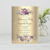 ワイングラス金ゴールドグリッタートロピカルフラワーリタイア 招待状 (スタンド正面)