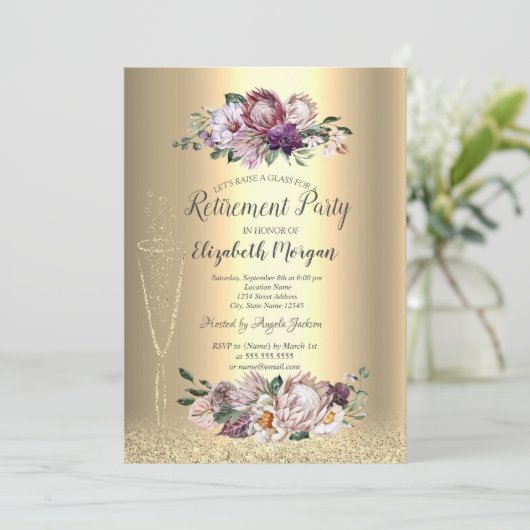 ワイングラス金ゴールドグリッタートロピカルフラワーリタイア 招待状 (スタンド正面)