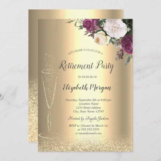 ワイングラス金ゴールドグリッター《写真》ぼけ味フローラ退職 招待状 (正面/裏面)