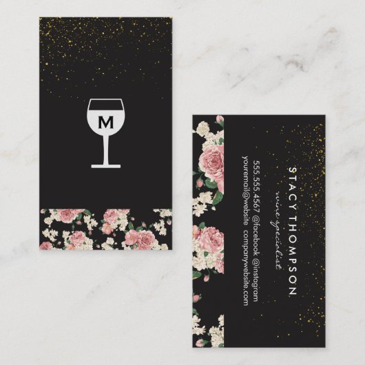 ワイングラス金ゴールド斑点ヴィンテージフローラルパターン 名刺 (正面/裏面)