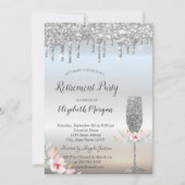 ワイングラス銀グリッタードロップフローラ退職 招待状 (正面)