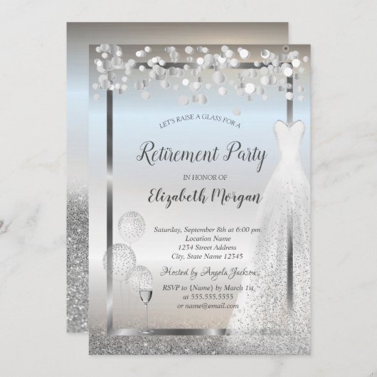 ワイングラス風船が銀の引退を装う 招待状 (正面/裏面)