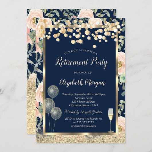 ワイングラス風船金ゴールドグリッターバラ退職 招待状 (正面/裏面)