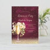 ワイングラス ゴールド ボケ 白いバラ 赤い背景 定年退職 招待状 (スタンド正面)