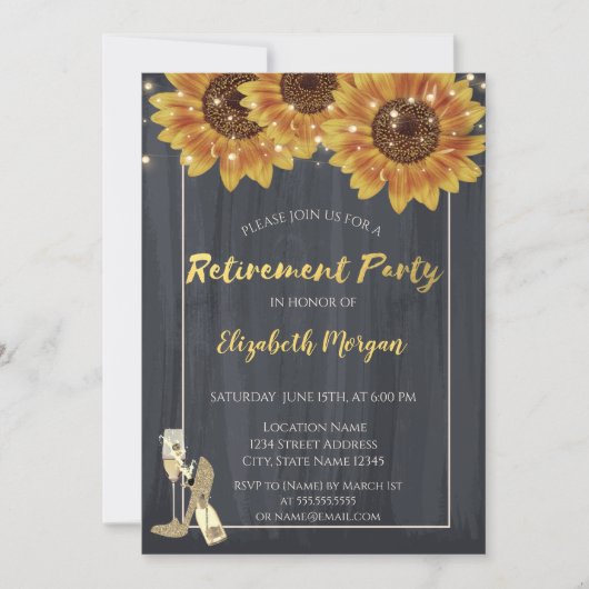 ワイングラス、ハイヒールひまわり退職パーティー 招待状 (正面)