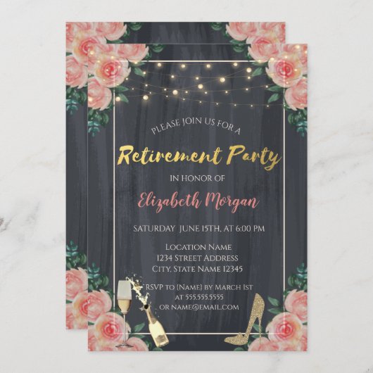 ワイングラス、ハイヒールバラ退職パーティー 招待状 (正面/裏面)