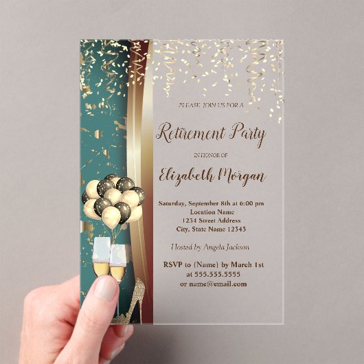 ワイングラス、ハイヒール、バルーン退職パーティー アクリル招待状 (インサイチュ (ポータブル))