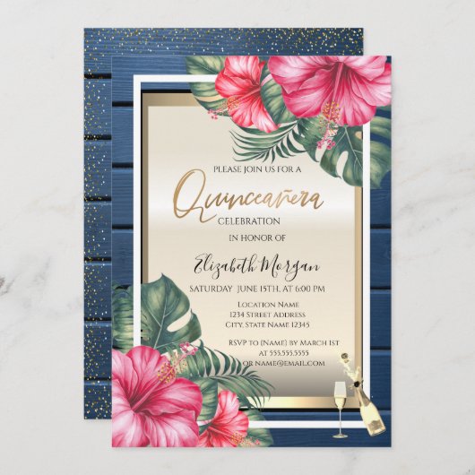 ワイングラス、ハイビスカスブルーウッドキンセアニェラ 招待状 (正面/裏面)