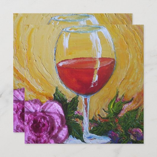 ワイングラス&ピンクローズカクテルパーティの招待状 招待状 (正面/裏面)