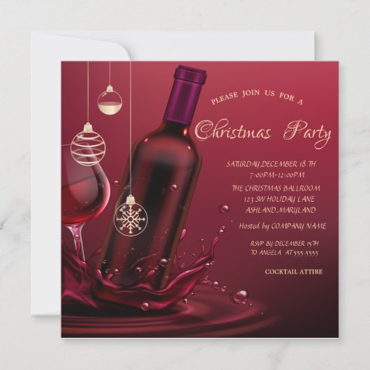 ワイングラス、ボトル企業のクリスマス 招待状 (正面)