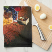 ワイングラス、ボトル、ブドウ、チーズ、チョコレート キッチンタオル (四つ折り)