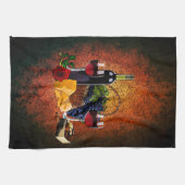 ワイングラス、ボトル、ブドウ、チーズ、チョコレート キッチンタオル (横)