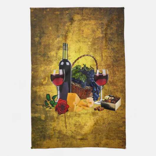 ワイングラス、ボトル、ブドウ、チーズ、chacolates キッチンタオル (縦)