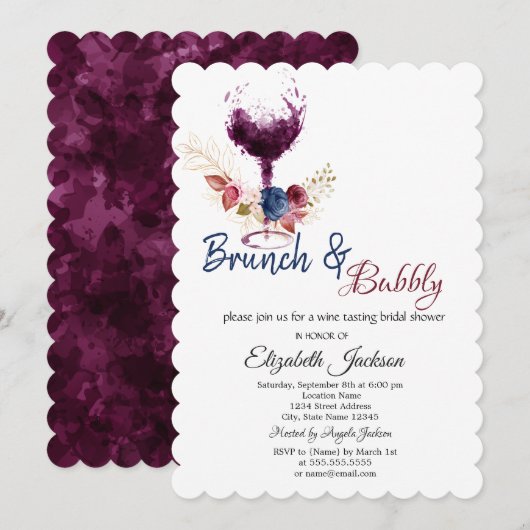 ワイングラス、花、ブランチ＆バブル ブライズシャワー 招待状 (正面/裏面)