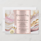 ワイングラス、風船、ピンク大理石退職パーティー 招待状 (正面)