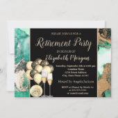 ワイングラス、風船、緑の大理石退職パーティー 招待状 (正面)