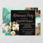ワイングラス、風船、緑の大理石退職パーティー 招待状 (正面/裏面)
